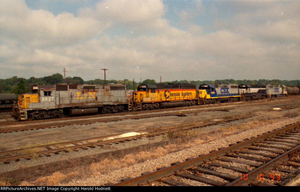 CSX 2627 is one of 5 locos in a colorful display in the yard